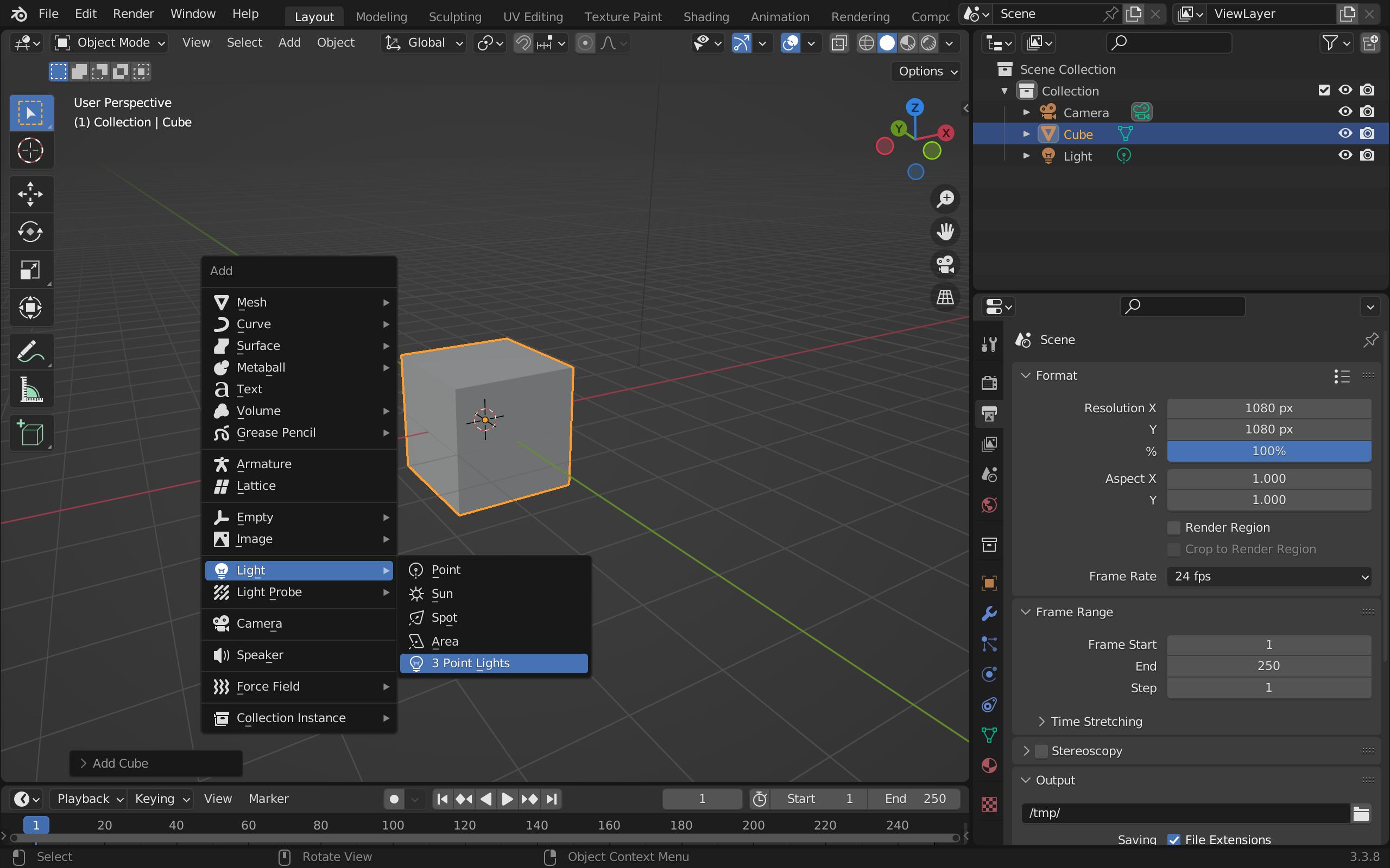 screenshot of adding a 3 point light