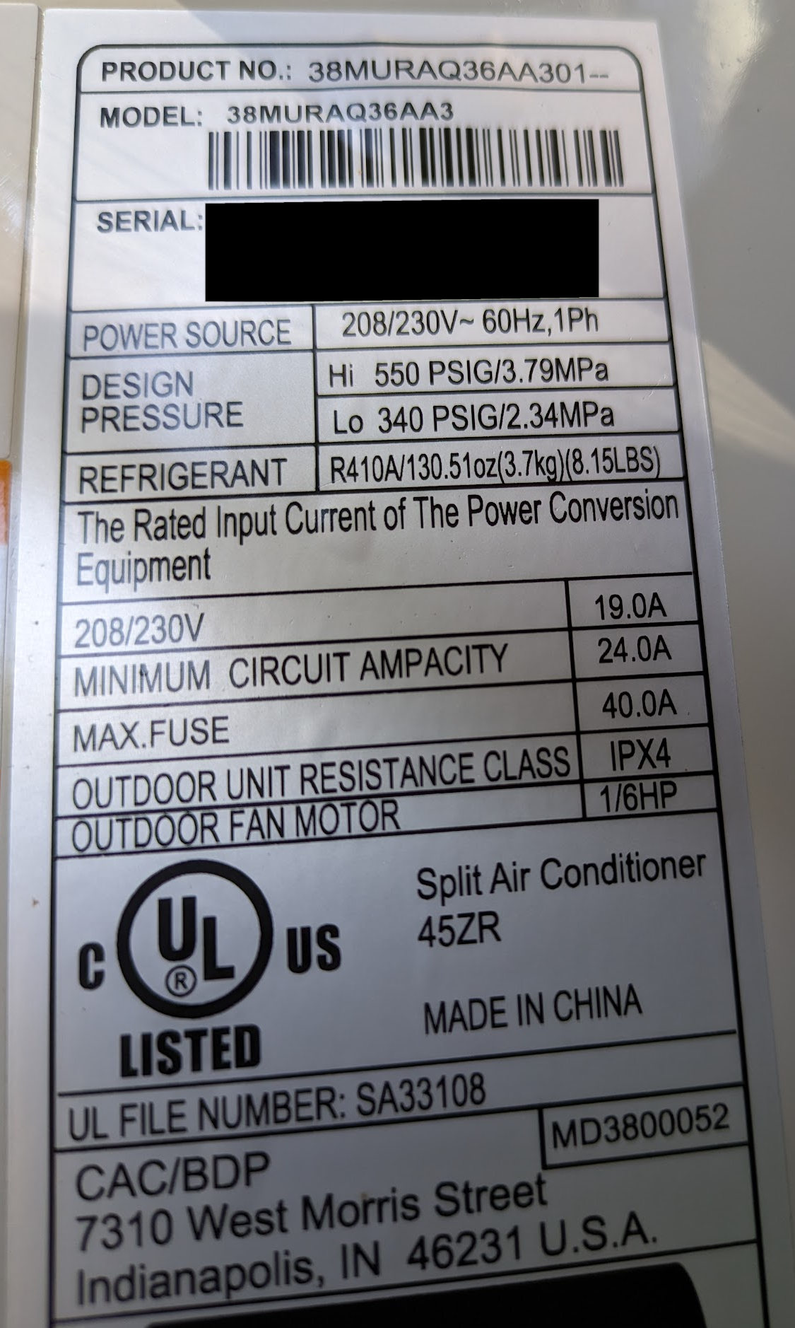 heat pump label without sn