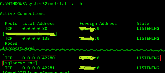 Resultado de netstat con SQL Server a la escucha en el puerto