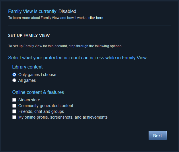 Family View options screenshot