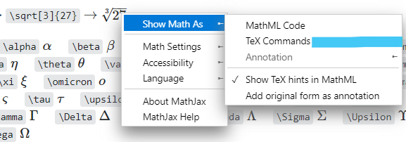 Context Menu with Show Math As - TeX Commands highlighted