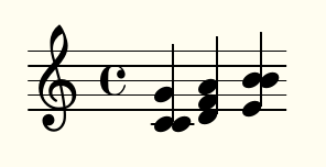 Three chords, with repeated notes represented on both sides of the note stems.