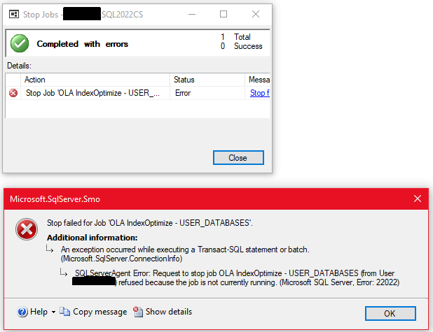Error message when trying to stop IndexOptimize job