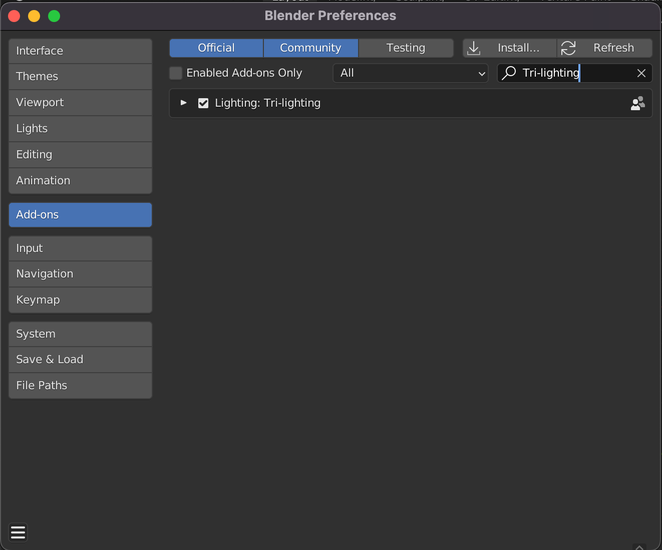 screenshot of enabling tri-ligting plugin