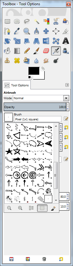 GIMP brushes popup with Pixel (1x1 square) brush highlighted