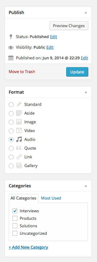 The default Post Formats are Standard, Aside, Image, Video, Audio, Quote, Link and Gallery