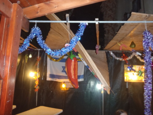 Interior of a sukka. One of the bamboo mats on top has had one of its corners fall in, but the opposite corner is suspended by the cross-slat that is stuck through the space between the last couple of bamboo strips.