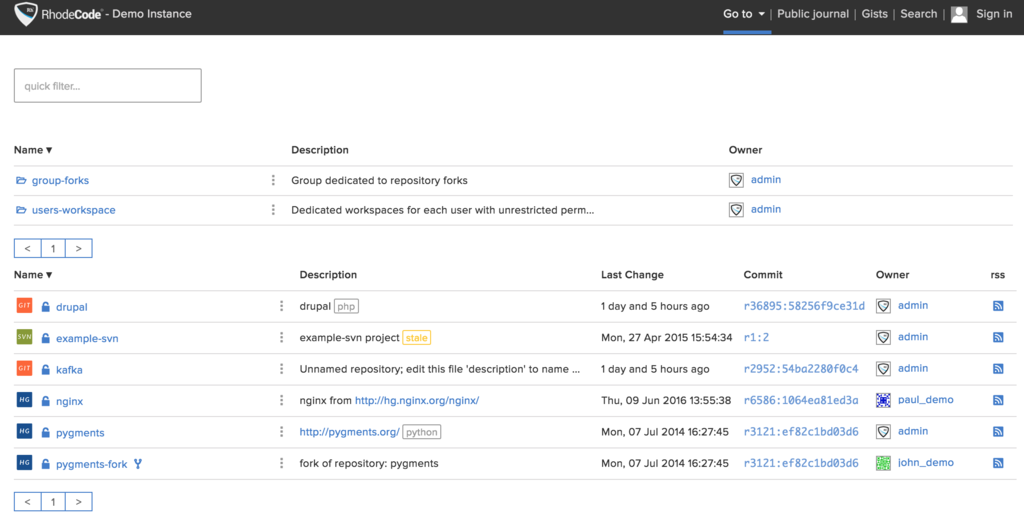 Interface of RhodeCode