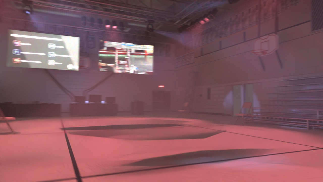 A school gym set up for an event with bleachers on the sides, jumbotrons at the end, and red spotlights mounted on the ceiling. A thick fog envelops the room