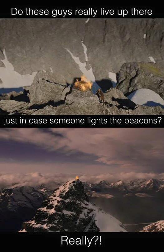 The top image shows a large pile of firewood catching alight on the top of a rocky crag, two small figures standing at its base; the caption reads "Do these guys really live up there"  The second image shows a nearby rocky, snowy mountain peak with a beacon fire atop it, at the end of a chain of similar peaks stretching into the distance; the caption reads "just in case someone lights the beacons?"