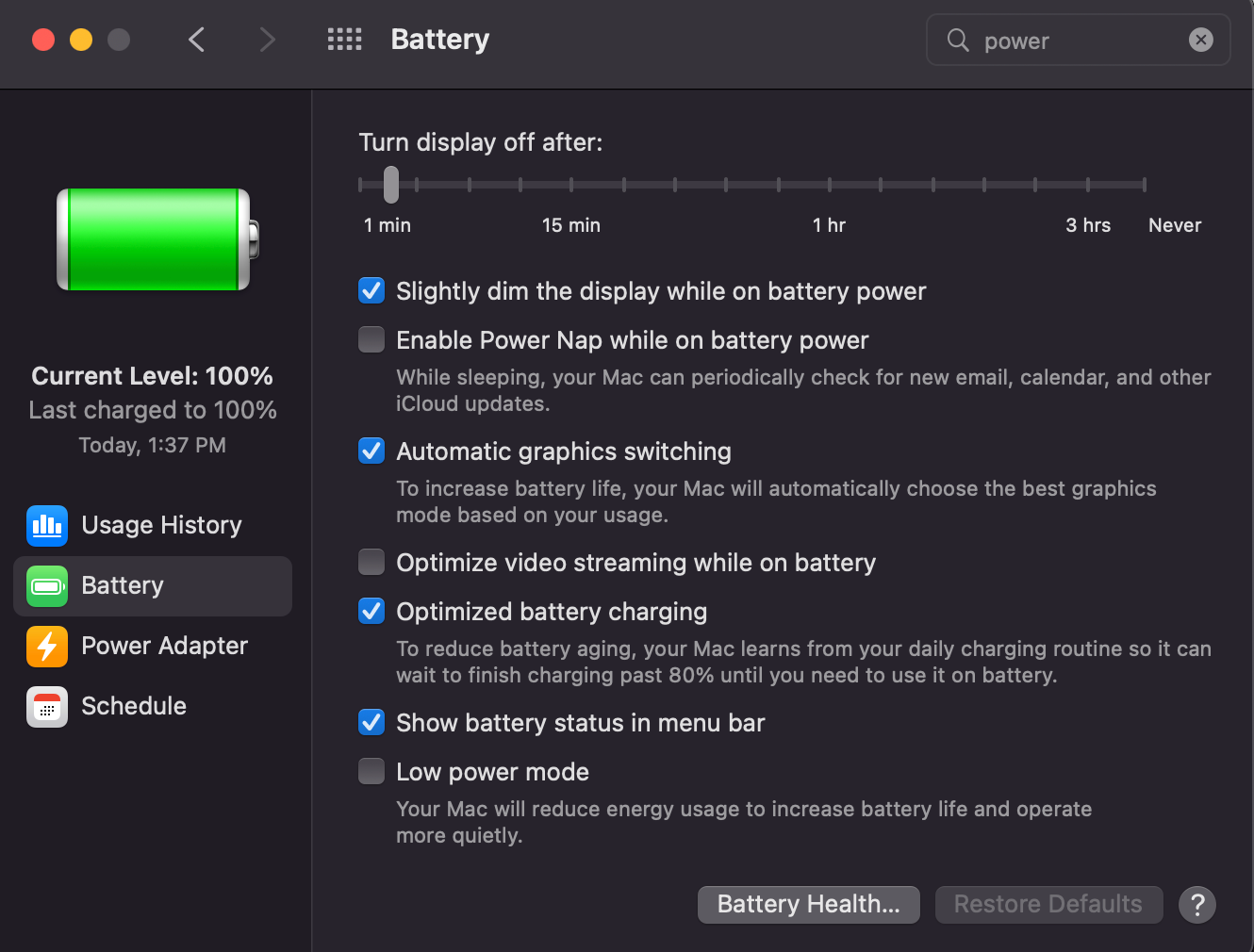 Battery settings screenshot when unplugged