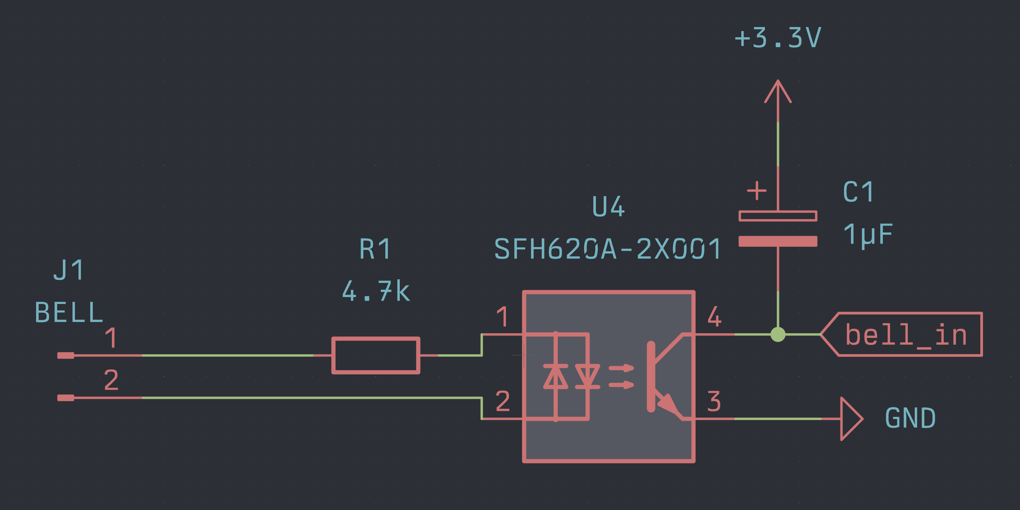 The AC bell circuit connected to a SFH620A optocoupler through a 4.7k resistor in series; the collector of the optocoupler is connected to 3.3v via a 1uF capacitor and to the bell_in net, and the emitter tied to ground