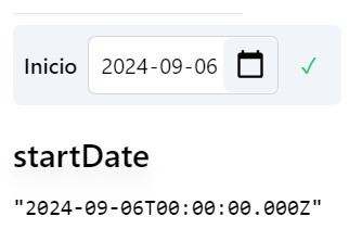 Preview del input y <pre>{JSON.stringify(startDate, null, 2)}</pre>