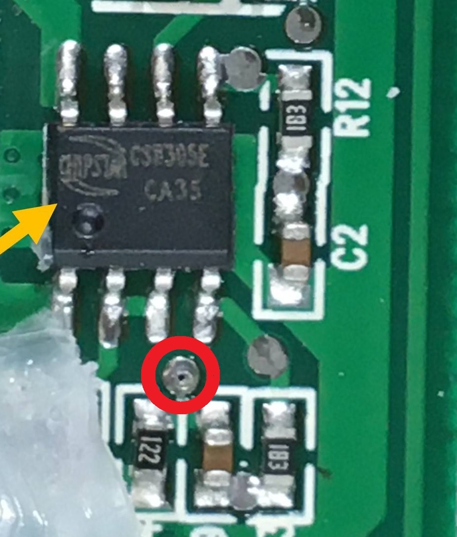 The top view of the PCB area around the amplifier, with the audio signal node circled in red.