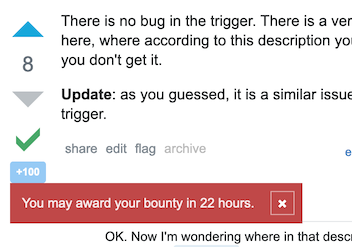 The following red error tooltip states the bounty can't be awarded for another 22 hours.