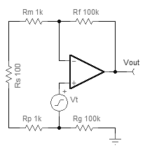 Differential amplifier with noise source in series with non-inverting input for calculating noise gain