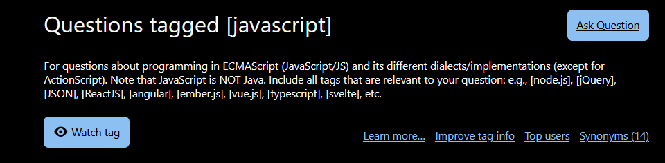 Old view of the tag page which reads "Questions tagged [javascript]" as a title on the top.