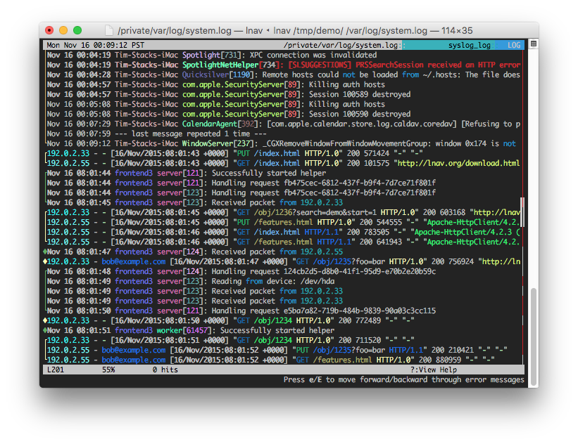 lnav running in the OS X terminal