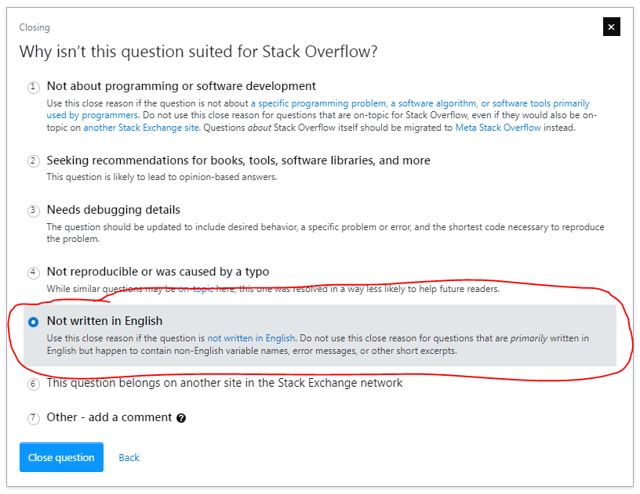 Screenshot of close dialog, with the new "Not written in English" reason selected and outlined with a red-freehand circle.