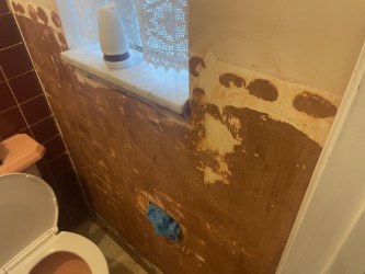 Image of a bathroom wall with hard adhesive attached