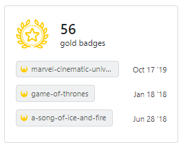 A screenshot of TheLethalCarrot's gold badges on their user profile where the badge marvel-cinematic-universe has been truncated to marvel-cinematic-univ…