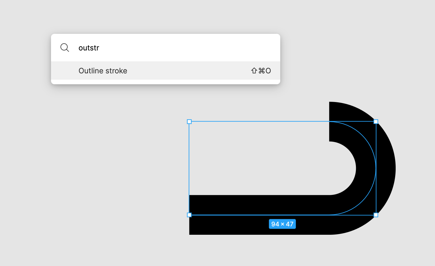 Figma screenshot: menu search with “Outline Stroke” command selected