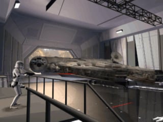 Screenshot from a game showing a YT-1300 freighter in a hanger with a stormtrooper guard