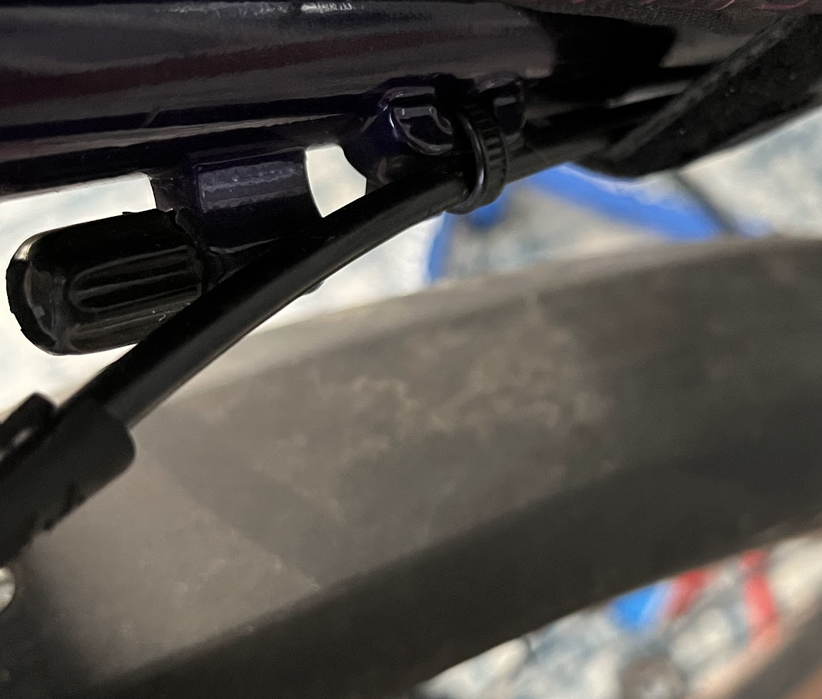 close up photograph of an unused barrel adjuster on a Kona Rove ST 2020 frame