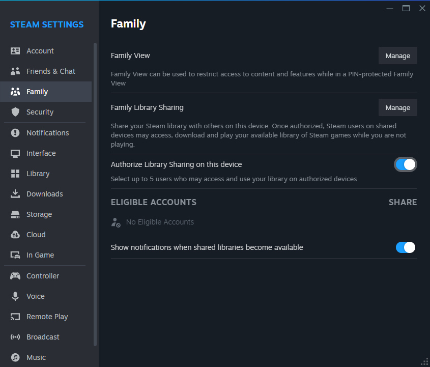 Steam Settings Family subsection with no Eligible Accounts in that section