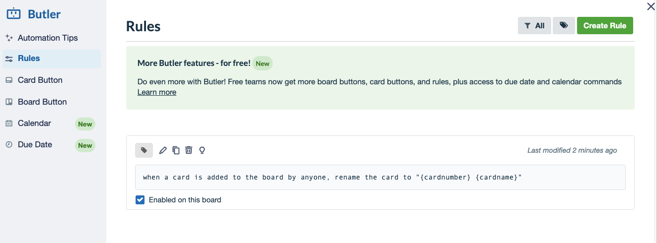 screenshot of example Trello Butler Rule