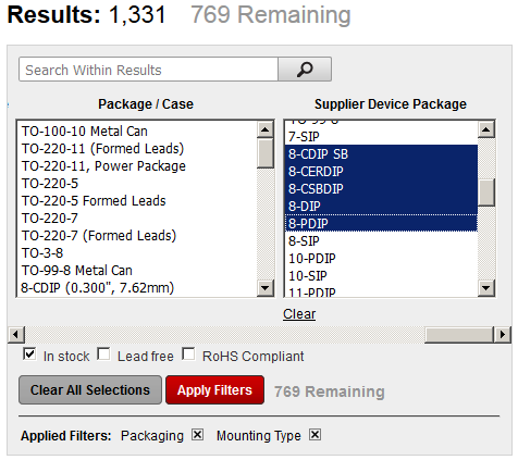 Filter showing number of remaining products