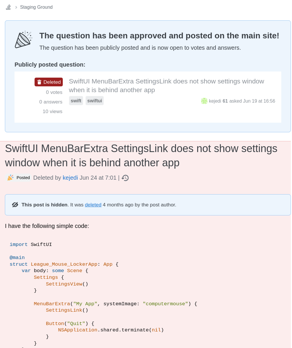 Question deleted in the Staging Ground