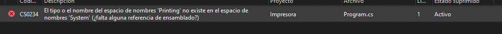 Error que obtengo al usar use System.Printing