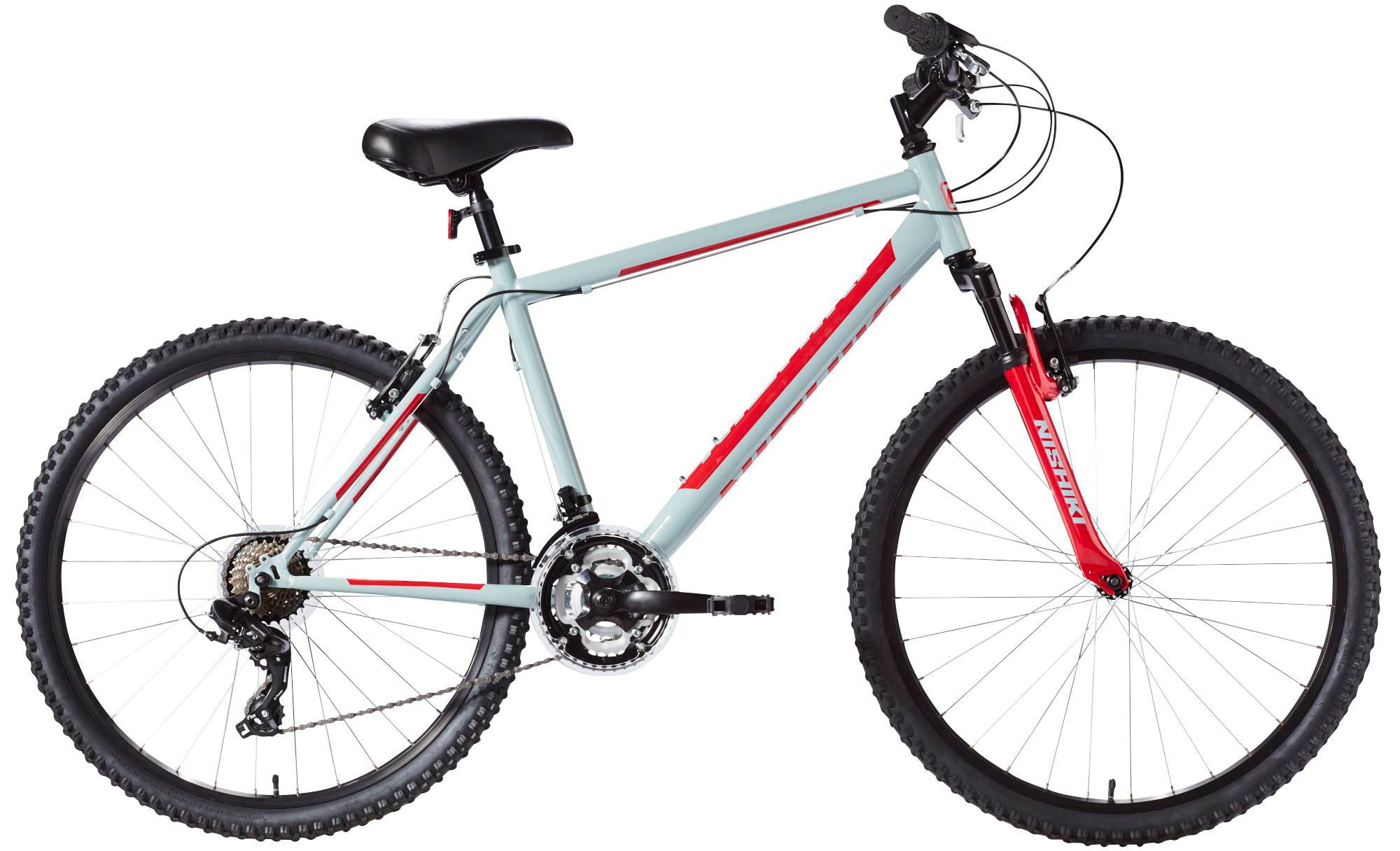 Right-side view of a Nishiki Men's Pueblo 26" Mountain Bike, a light grey hardtail MTB with red detailing.