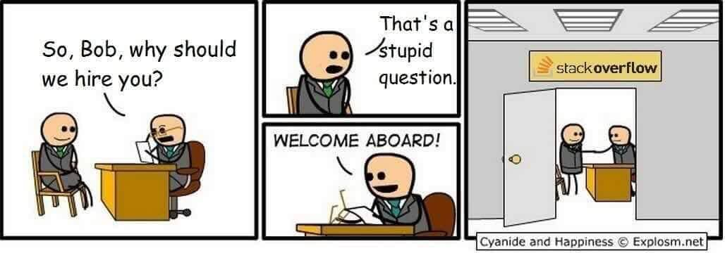 cartoon in which a job applicant is asked: "So, Bob, why should we hire you?" He responses "That's a stupid question." and is told "WELCOME ABOARD!" In the last frame, it is revealed that the company is Stack Overflow.