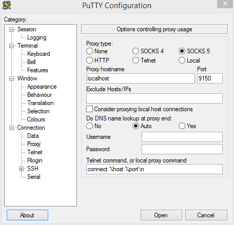 SOCK proxy setting in PuTTY