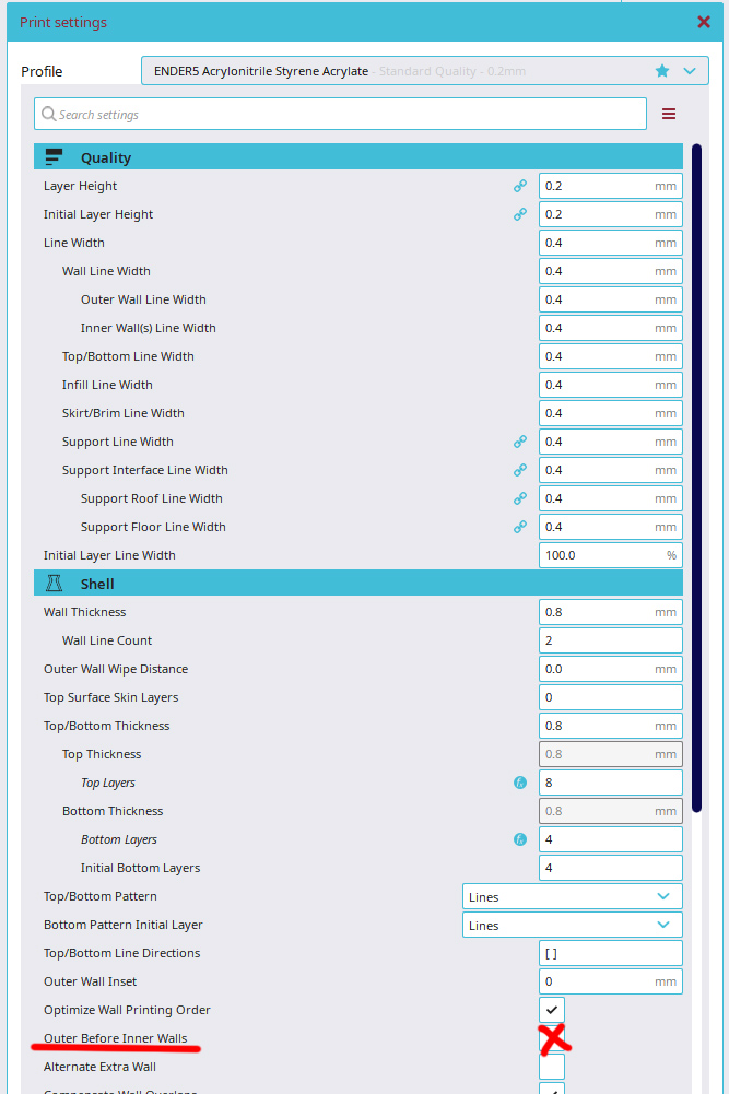 Screenshot of Cura Settings showing the Quality and Shell sections