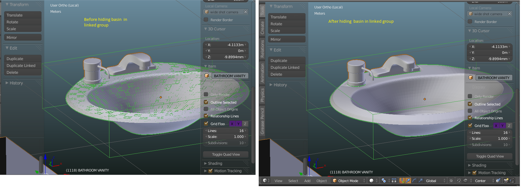 basin before and after hiding linked object