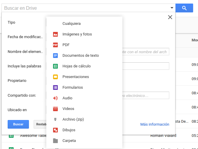 Lista de tipos de archivos en Búsqueda Avanzada - Google Drive 