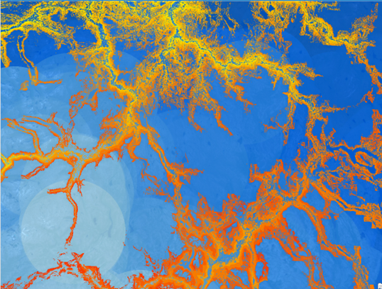 The yellow-red scale is the input raster, and blue-white is the result of focal statistics.