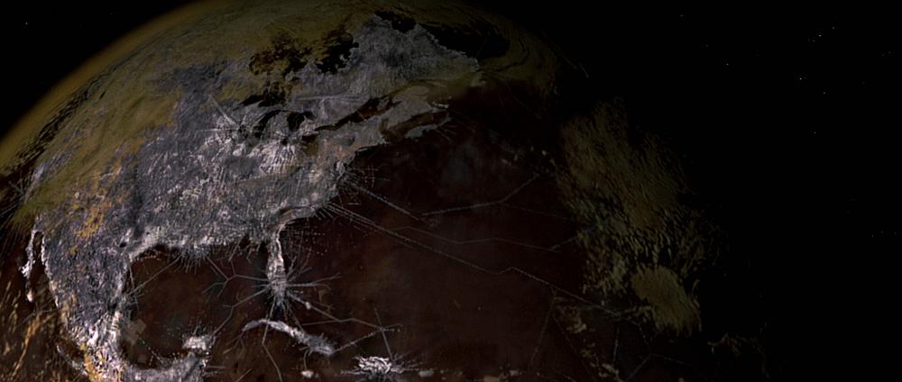 Screen grab from First Contact showing the Earth from orbit. The oceans appear dark brown. The clouds are greenish olive in color, and all land surface appears to be covered in silver or grey Borg-like constructions.