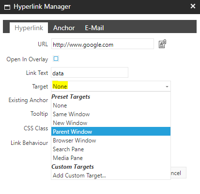Link Target is always set to 'None'