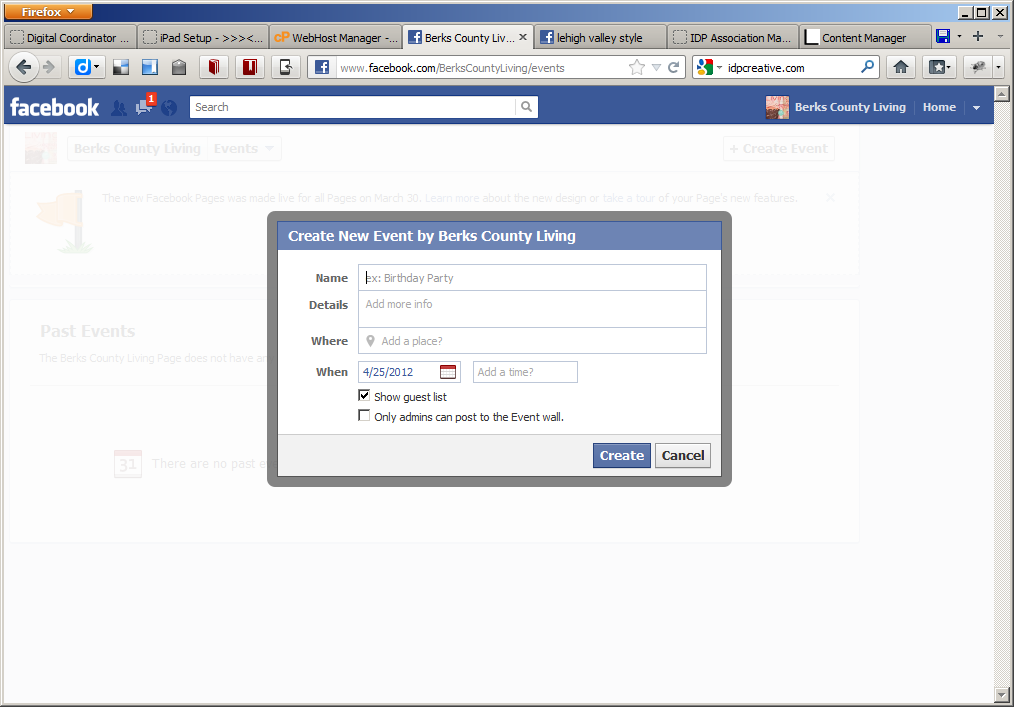 Image of creating an event when logged in as the Facebook Timeline Page