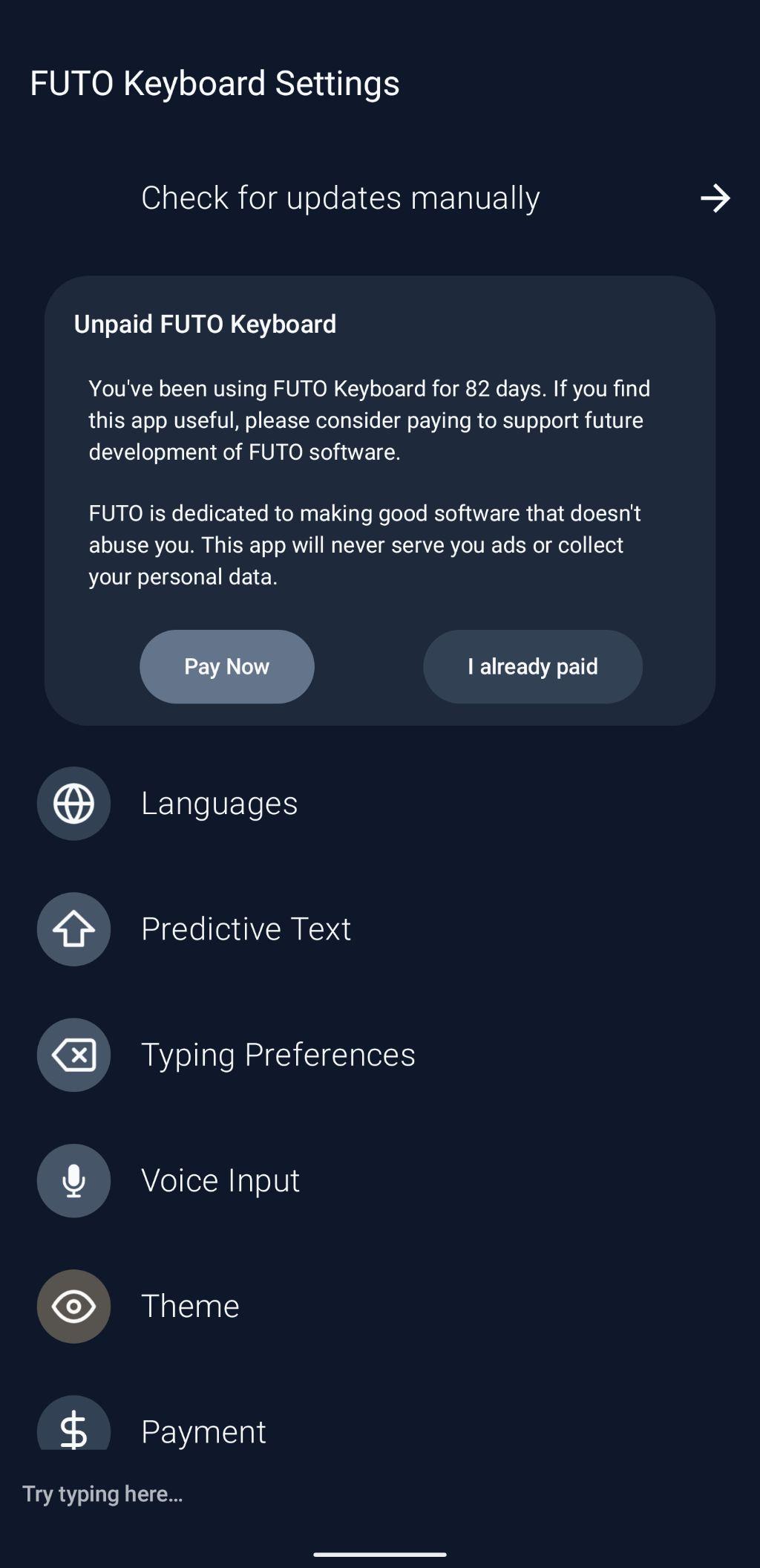 futo keyboard asking for payment
