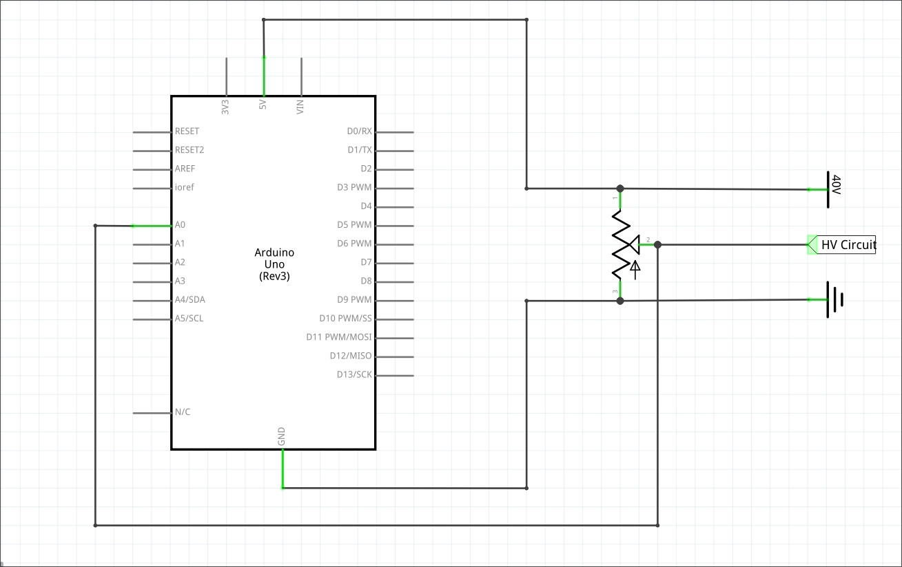 Potential circuit featuring Arduino wired to potentiometer with no supplementary components.