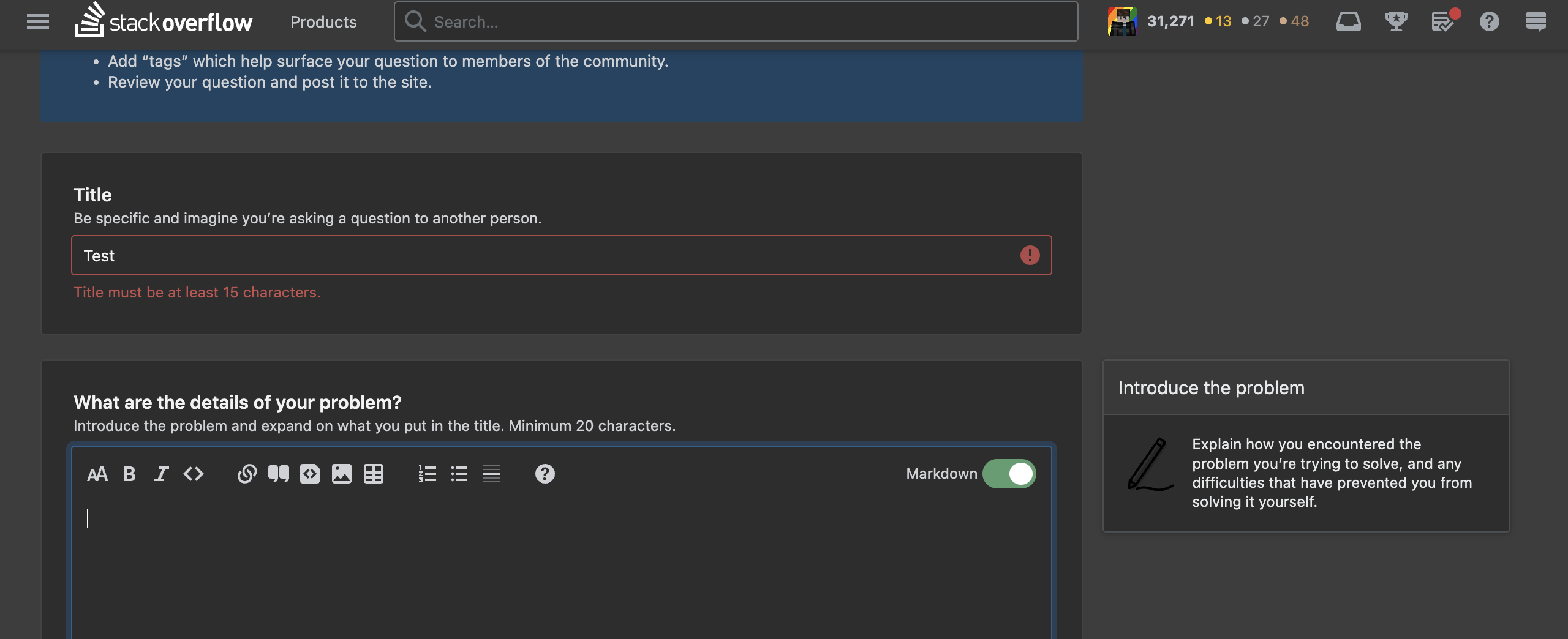 Title field with "Title must be at least 15 characters." error message and details field active for input