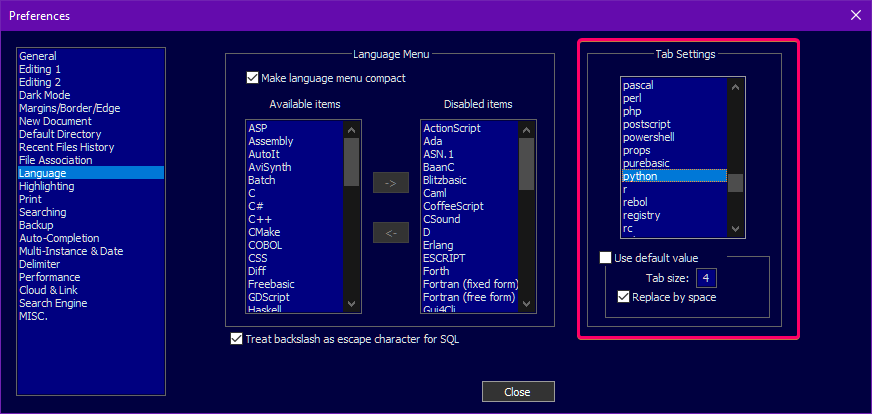 notepad++ 标签的语言设置