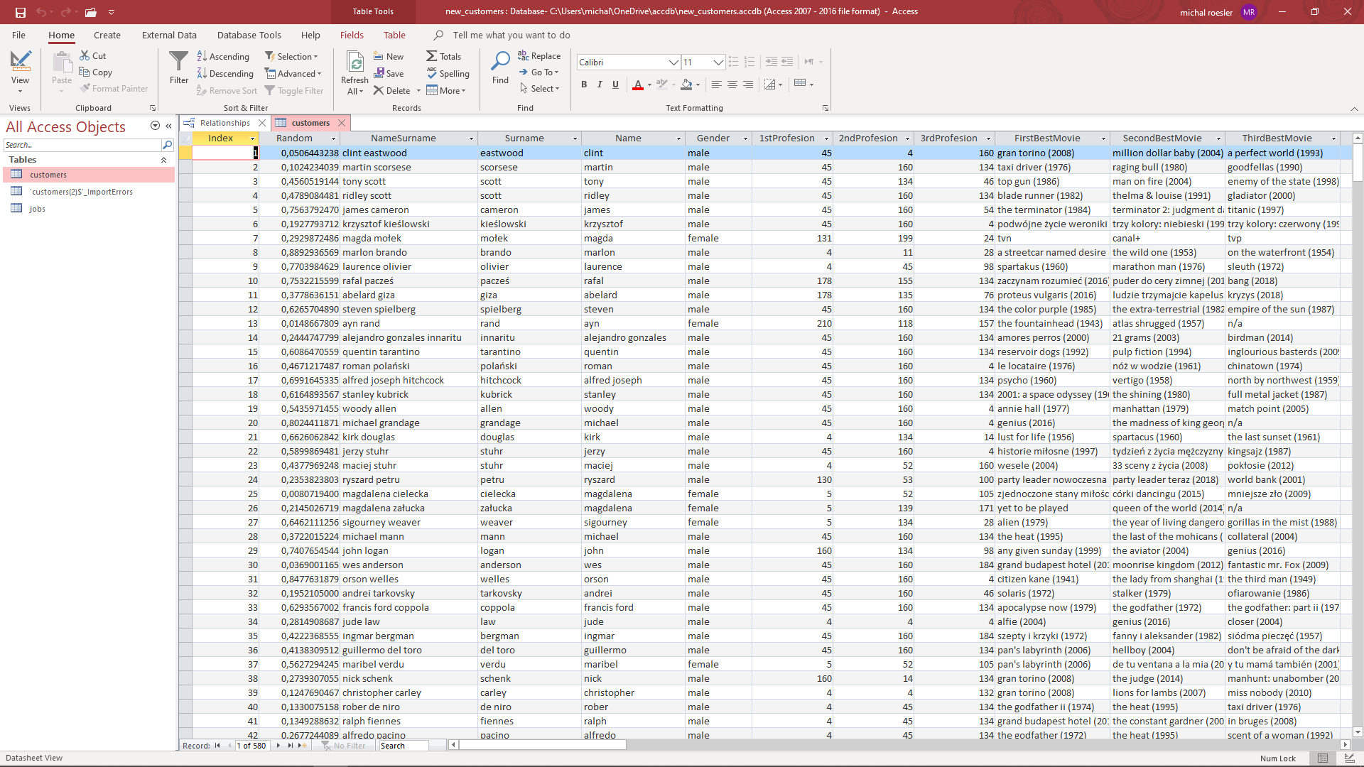 Here is the first chunk of my data imported to access table. As you can see I've already changed the job's names into numbers and I have separate table where these numbers are assigned into the jobs names.