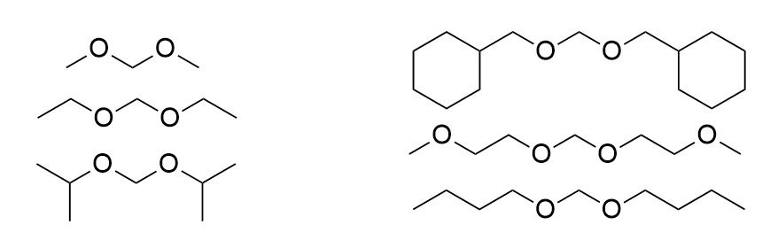 Series of products as examples. Includes: dimethoxymethane, diethoxymethane, diisopropoxymethane, bis(cyclohexanemethoxy)methane, bis(2-methoxyethoxy)methane, dibutoxymethane.