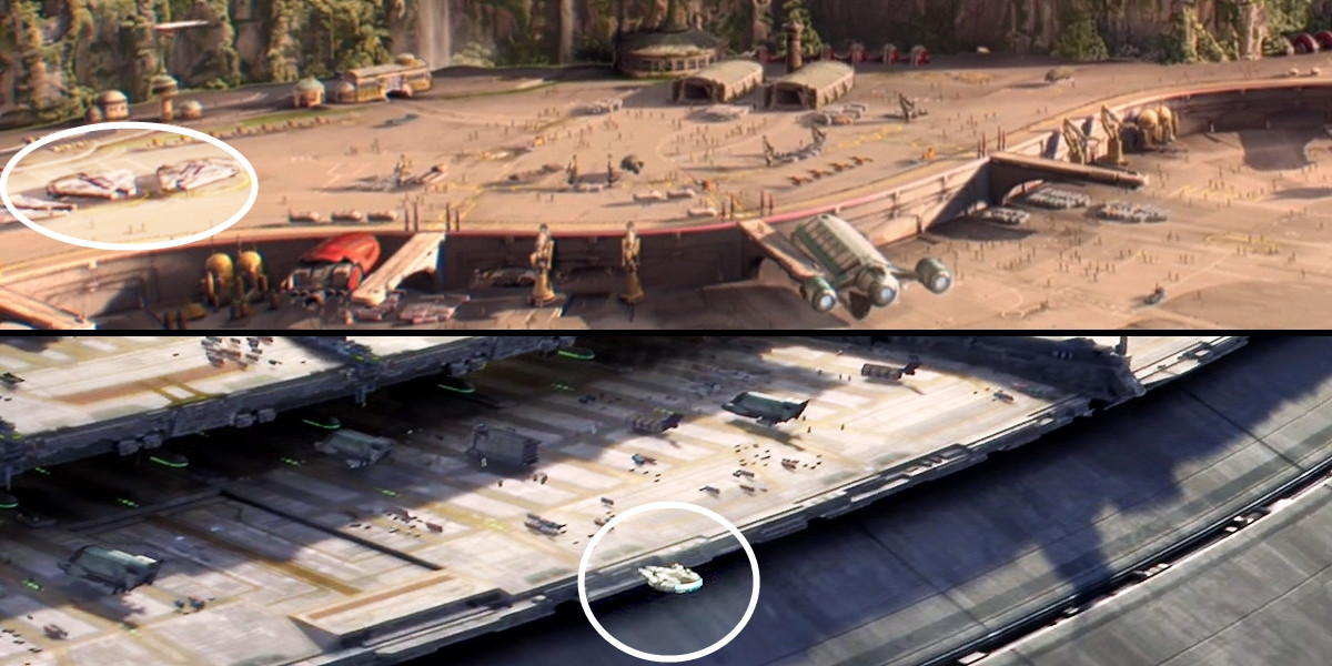 YT-1300f freighters (Millennium Falcon type) in Star Wars prequels: above a shot from "Attack of the Clones" showing a landing field with 3 YT-1300s circled on the left; below a shot from "Revenge of the Sith" showing a YT-1300, circled, approaching a landing platform